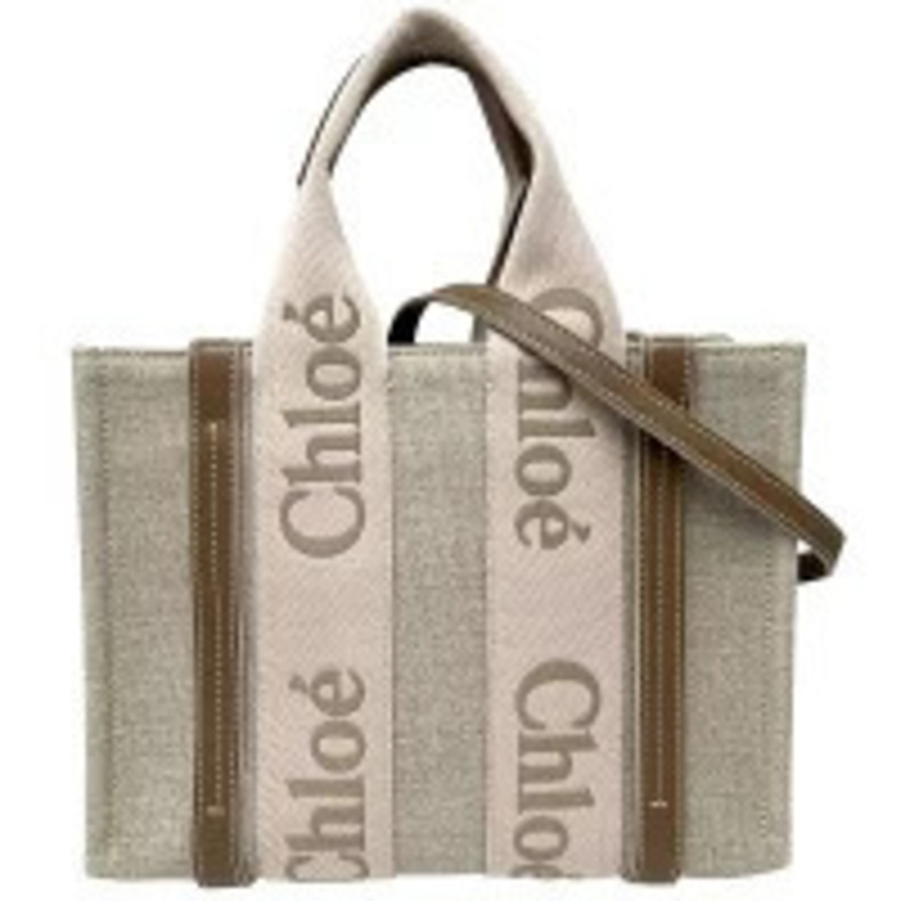 Chloe Woody 2Way Shoulder Tote Bag Canvas Calfskin Crossbody Bag Beige Brown